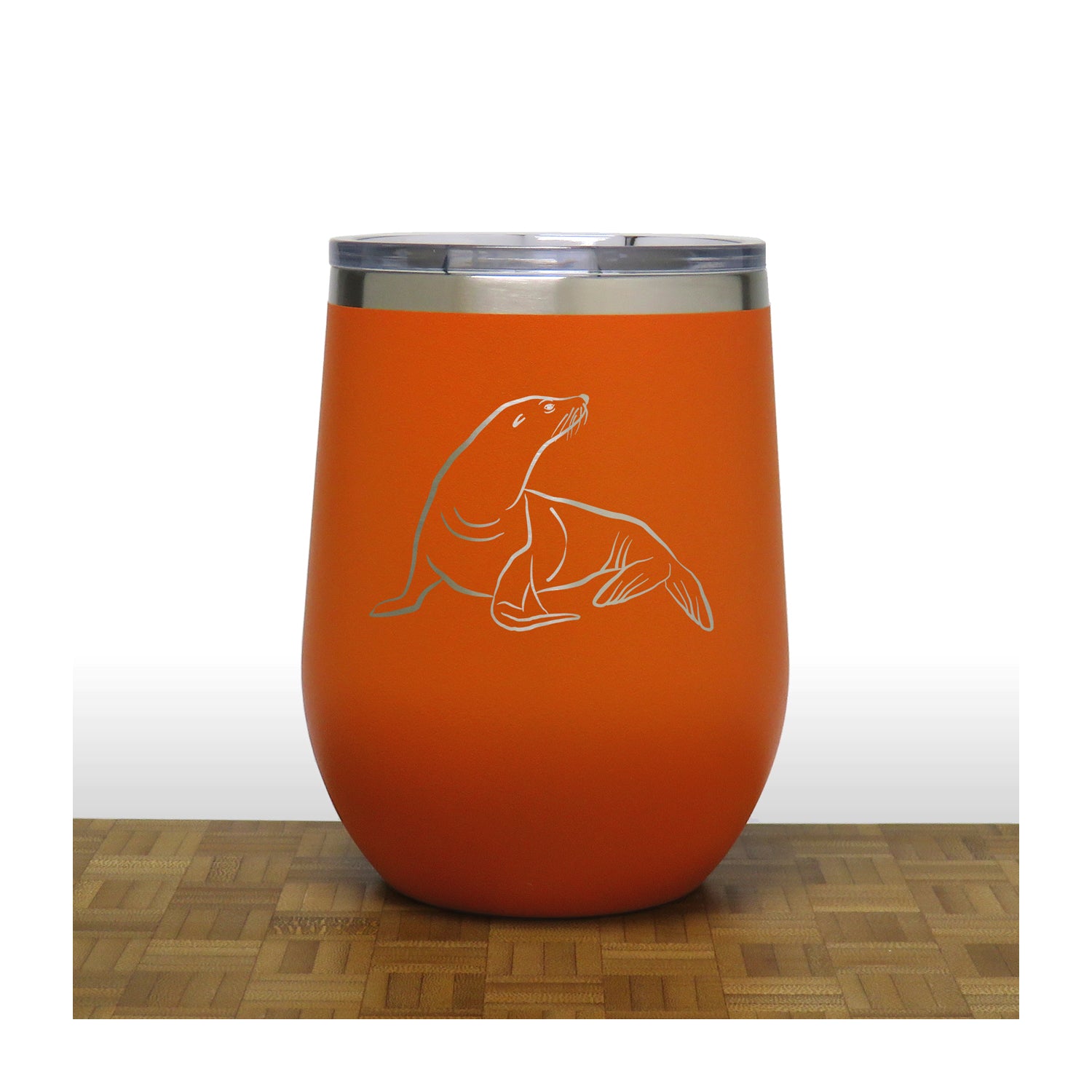 Orange - Sea Lion PC 12oz STEMLESS WINE - Copyright Hues in Glass