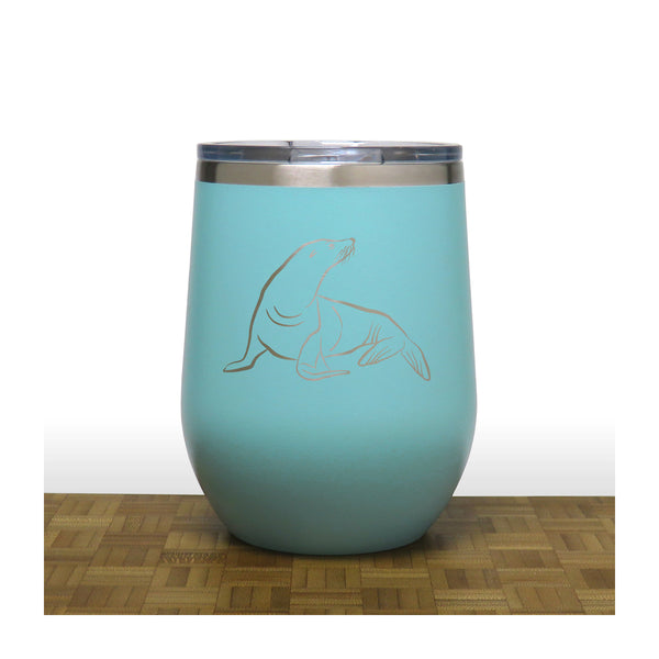 Teal - Sea Lion PC 12oz STEMLESS WINE - Copyright Hues in Glass