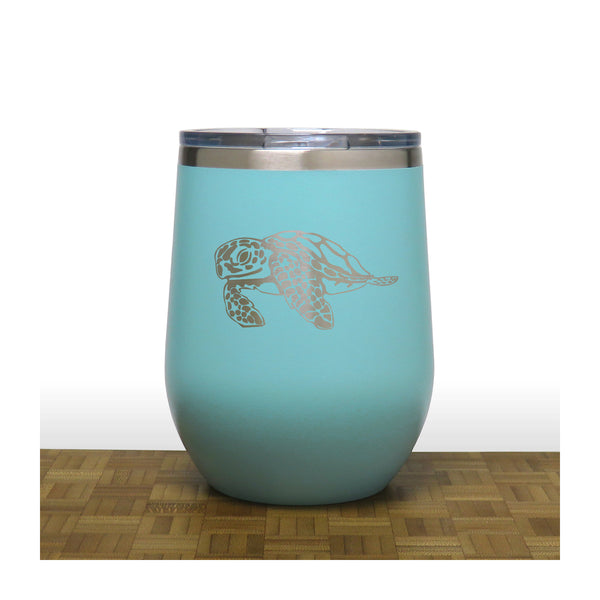 Teal - Sea Turtle PC 12oz STEMLESS WINE - Copyright Hues in Glass