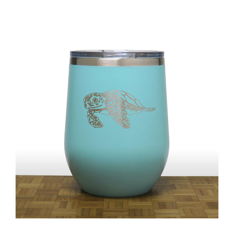 Teal - Sea Turtle PC 12oz STEMLESS WINE - Copyright Hues in Glass