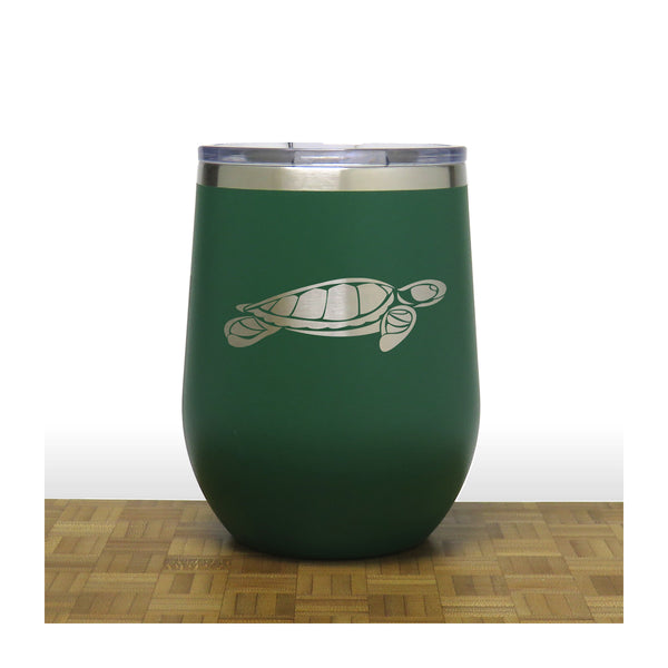 Green - Sea Turtle Design 2 PC 12oz STEMLESS WINE - Copyright Hues in Glass
