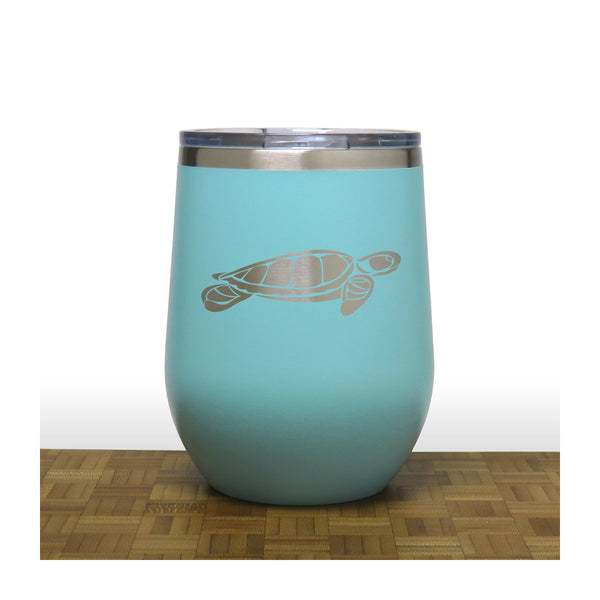 Teal - Sea Turtle Design 2 PC 12oz STEMLESS WINE - Copyright Hues in Glass