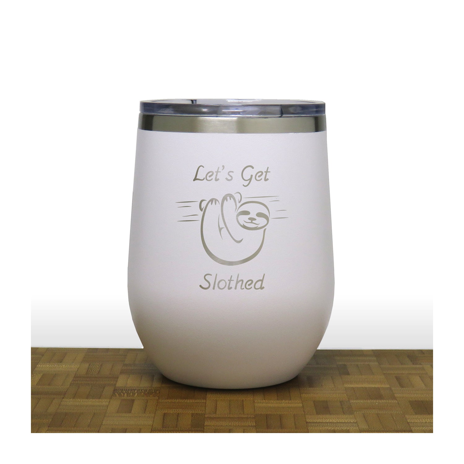White - Let's Get Slothed PC 12oz STEMLESS WINE - Copyright Hues in Glass