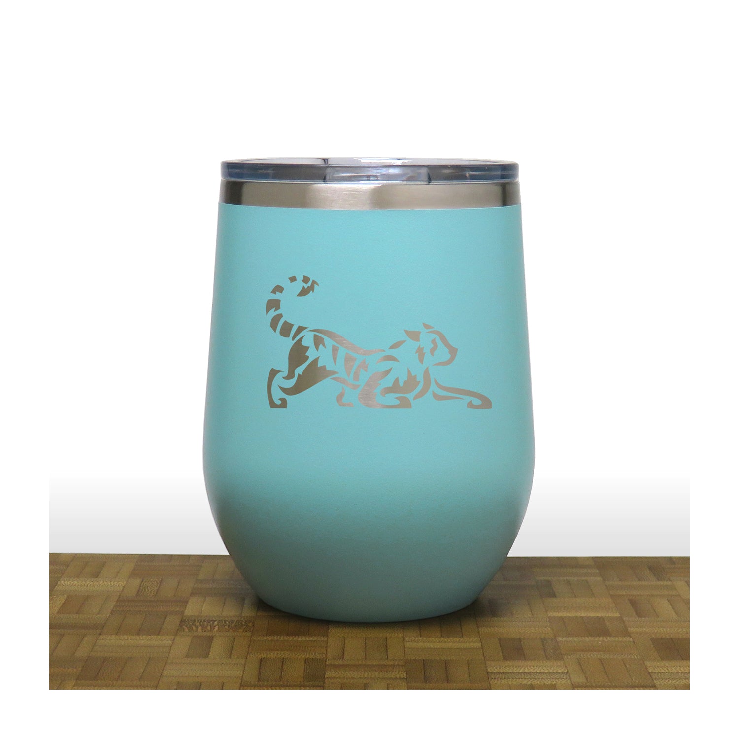 Teal - Tiger PC 12oz STEMLESS WINE - Copyright Hues in Glass