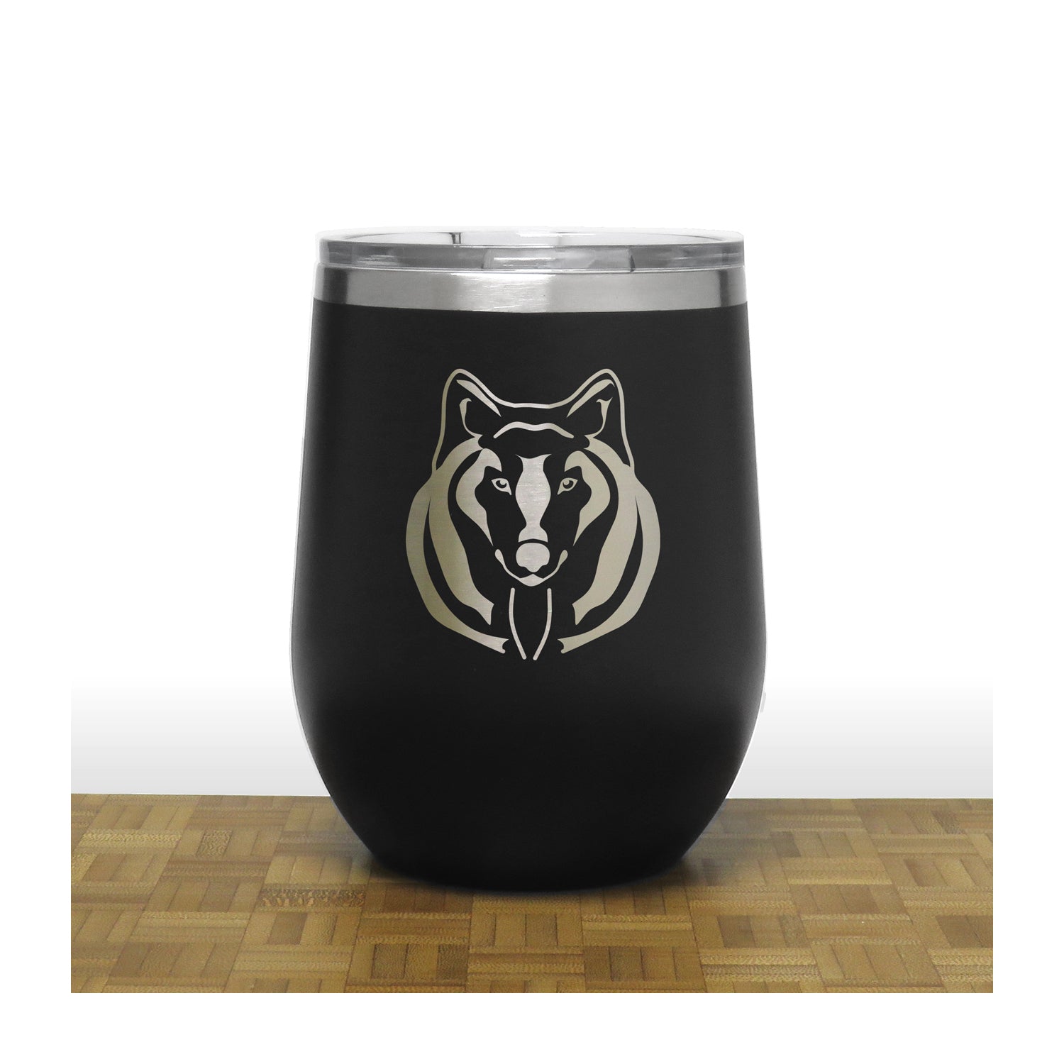 Black -Wolf Face PC 12oz STEMLESS WINE - Copyright Hues in Glass