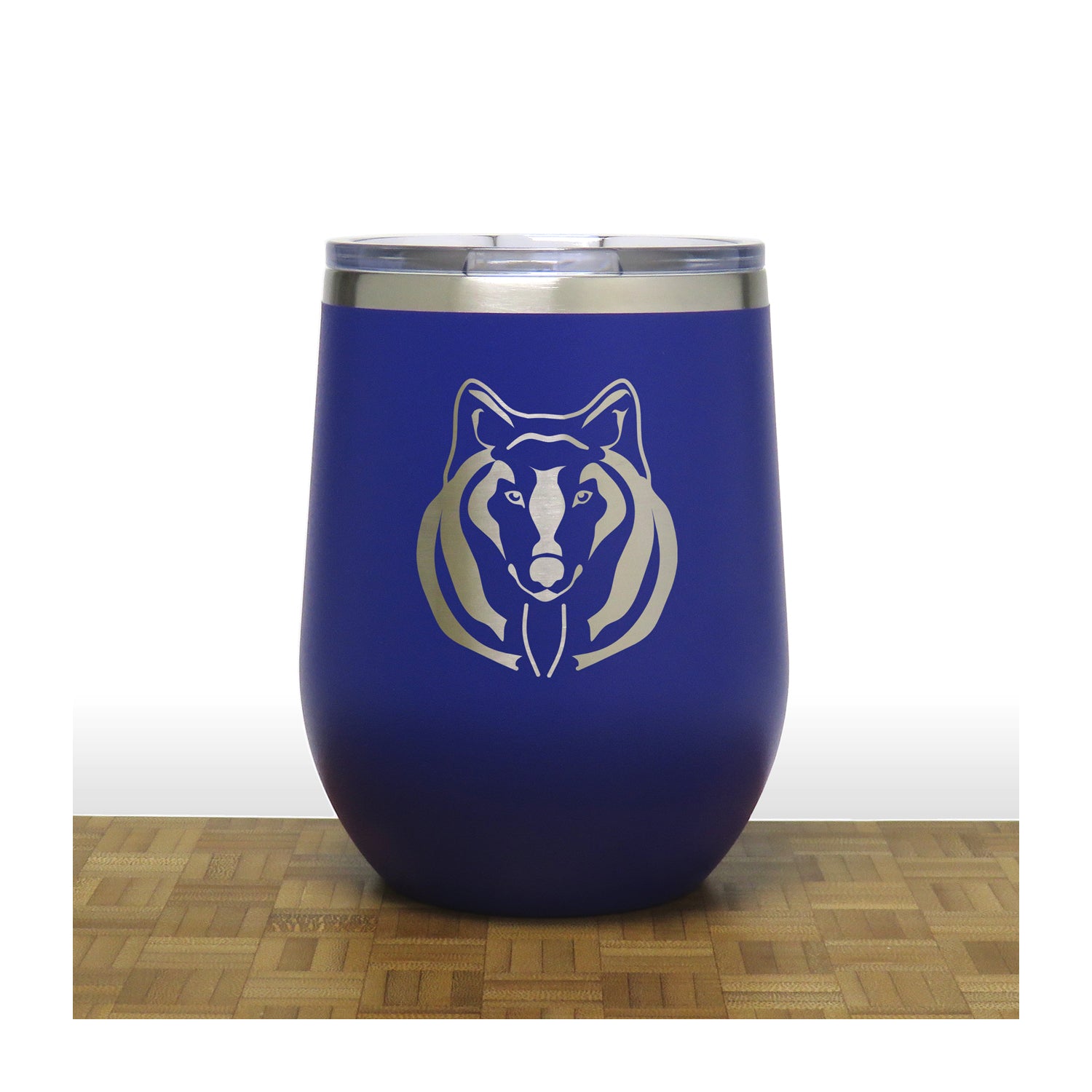 Blue -Wolf Face PC 12oz STEMLESS WINE - Copyright Hues in Glass