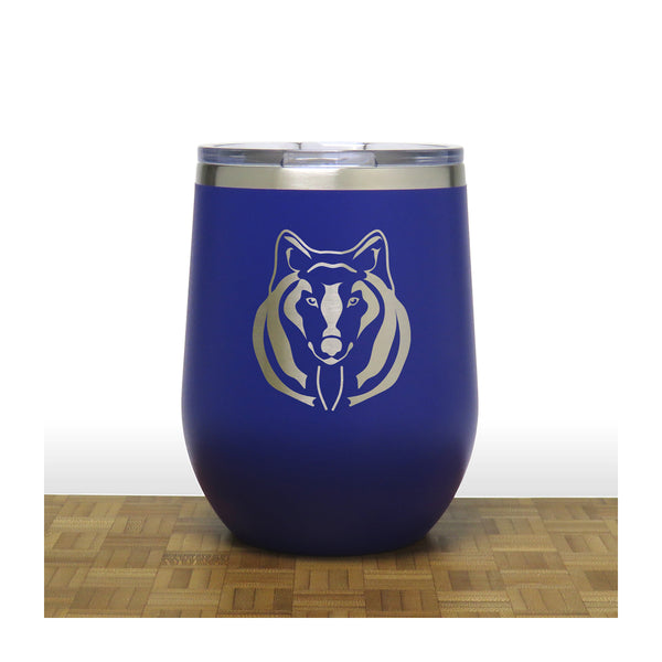 Blue -Wolf Face PC 12oz STEMLESS WINE - Copyright Hues in Glass