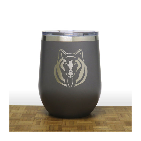 Grey -Wolf Face PC 12oz STEMLESS WINE - Copyright Hues in Glass
