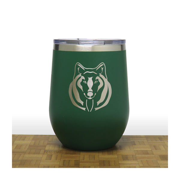 Green -Wolf Face PC 12oz STEMLESS WINE - Copyright Hues in Glass