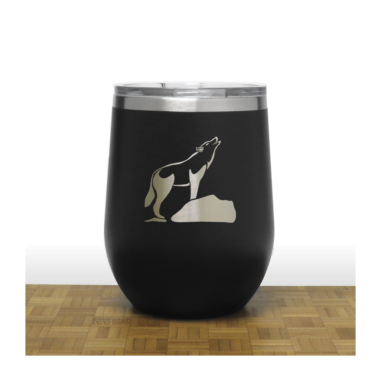 Black - Wolf on a Rock Howling at the Moon Design 3 PC 12oz STEMLESS WINE - Copyright Hues in Glass