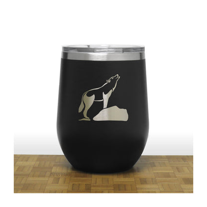 Black - Wolf on a Rock Howling at the Moon Design 3 PC 12oz STEMLESS WINE - Copyright Hues in Glass