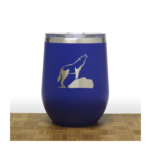 Blue - Wolf on a Rock Howling at the Moon Design 3 PC 12oz STEMLESS WINE - Copyright Hues in Glass