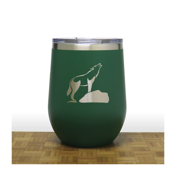Green - Wolf on a Rock Howling at the Moon Design 3 PC 12oz STEMLESS WINE - Copyright Hues in Glass
