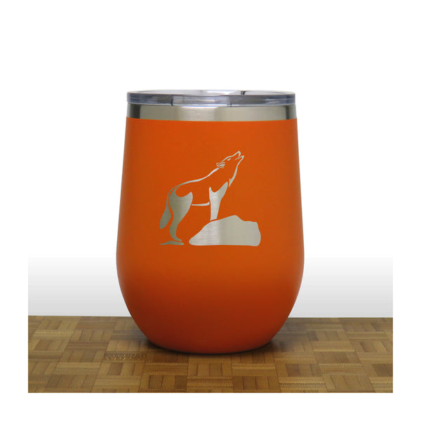 Orange - Wolf on a Rock Howling at the Moon Design 3 PC 12oz STEMLESS WINE - Copyright Hues in Glass