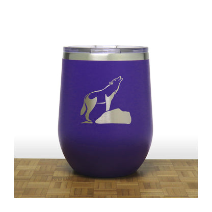 Purple - Wolf on a Rock Howling at the Moon Design 3 PC 12oz STEMLESS WINE - Copyright Hues in Glass
