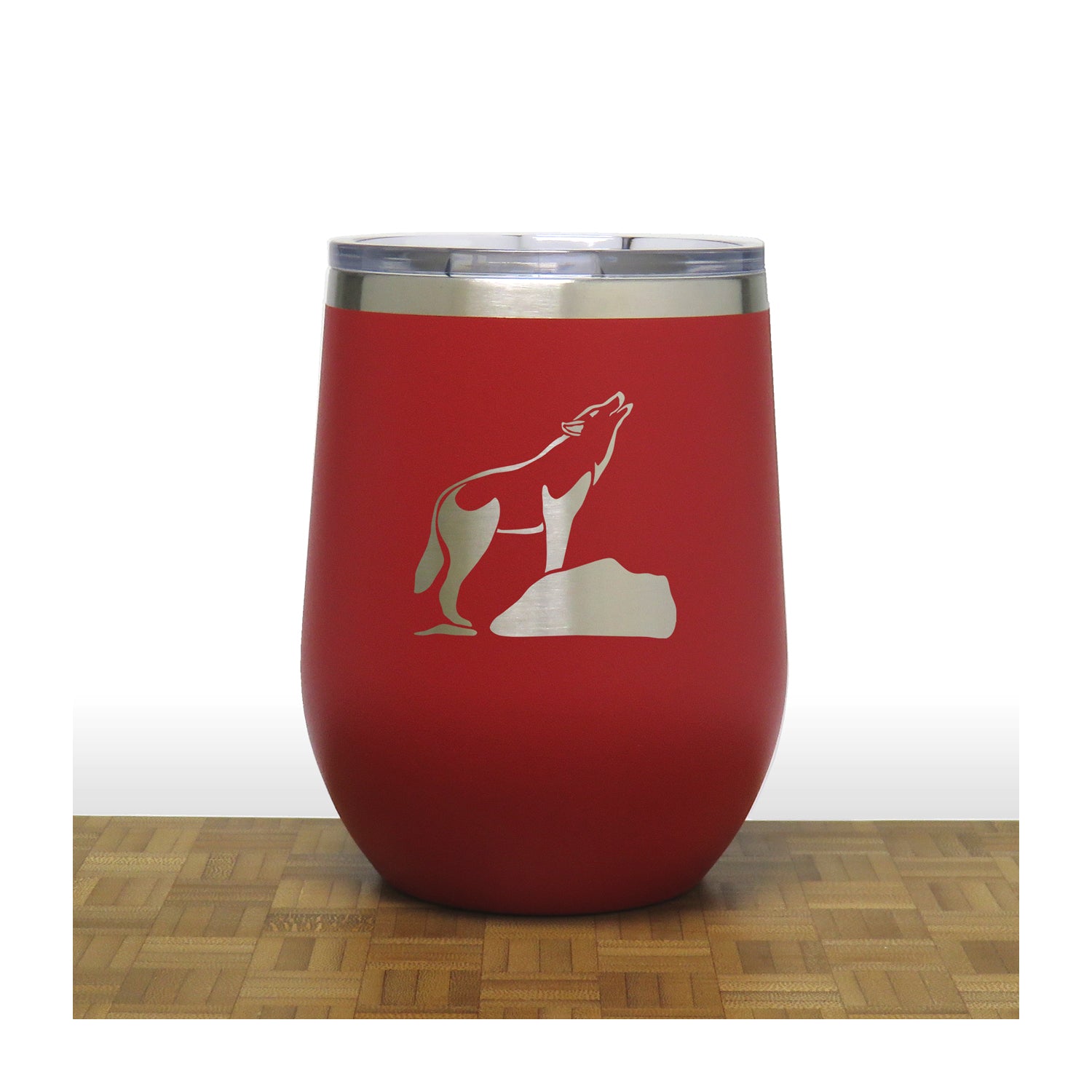 Red - Wolf on a Rock Howling at the Moon Design 3 PC 12oz STEMLESS WINE - Copyright Hues in Glass