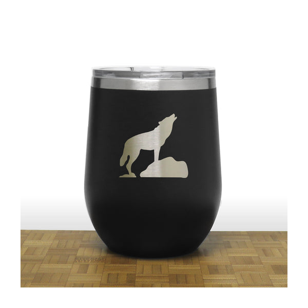 Black - Wolf on Rock PC 12oz STEMLESS WINE - Copyright Hues in Glass