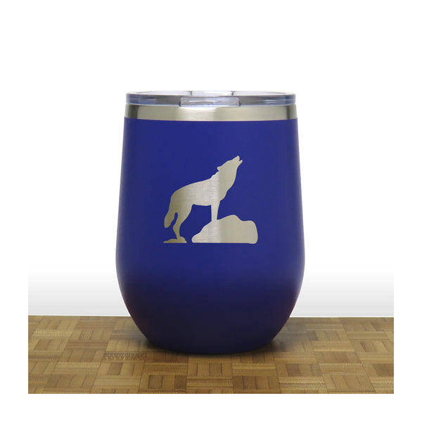 Blue - Wolf on Rock PC 12oz STEMLESS WINE - Copyright Hues in Glass