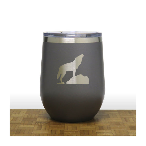 Grey - Wolf on Rock PC 12oz STEMLESS WINE - Copyright Hues in Glass