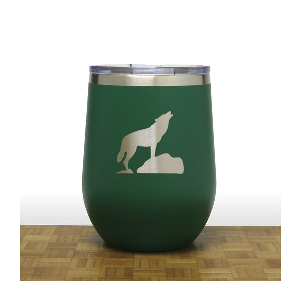 Green - Wolf on Rock PC 12oz STEMLESS WINE - Copyright Hues in Glass
