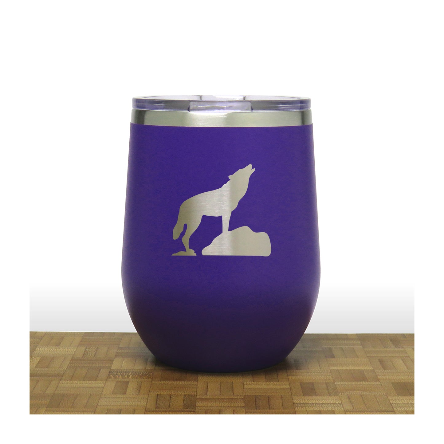 Purple - Wolf on Rock PC 12oz STEMLESS WINE - Copyright Hues in Glass
