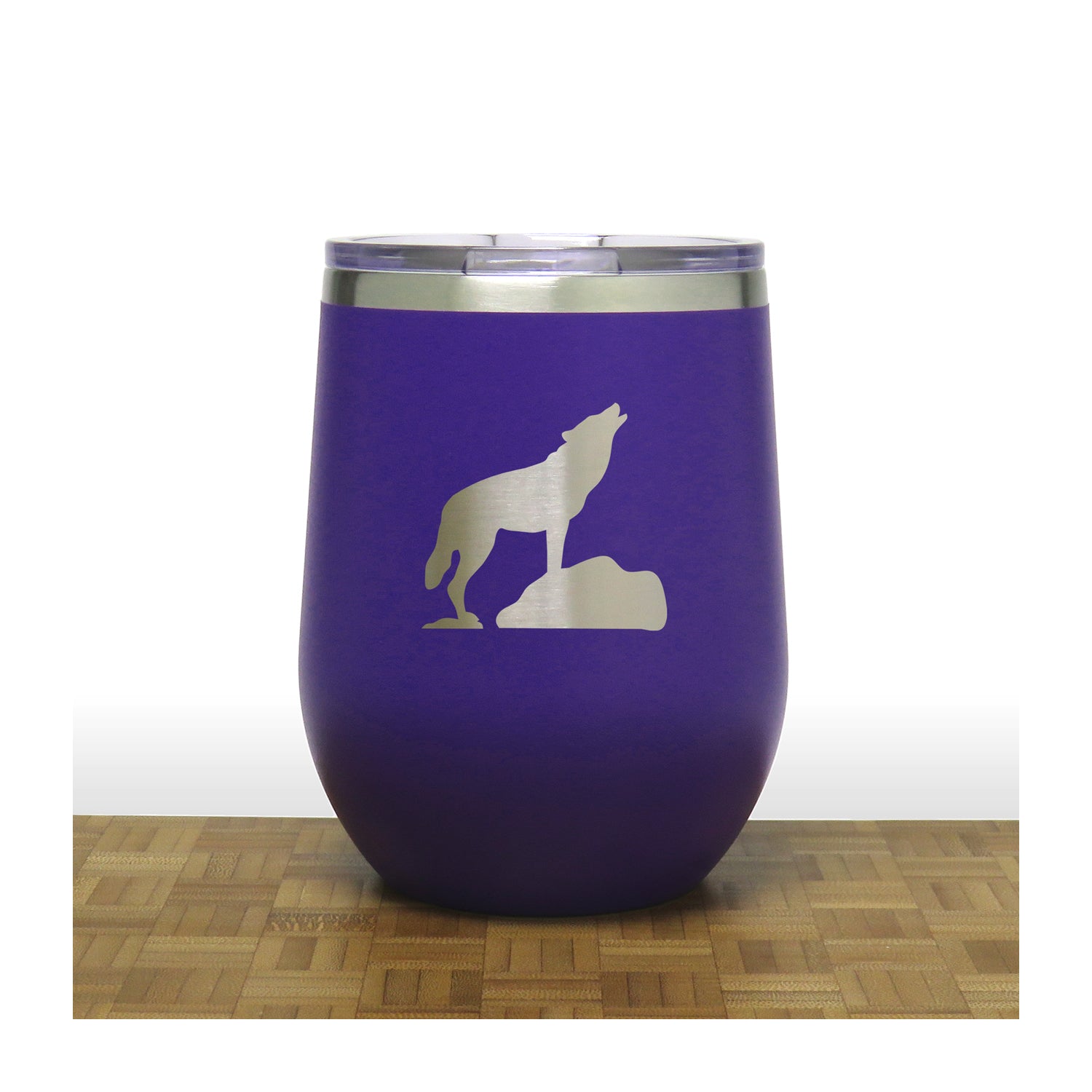 Purple - Wolf on Rock PC 12oz STEMLESS WINE - Copyright Hues in Glass