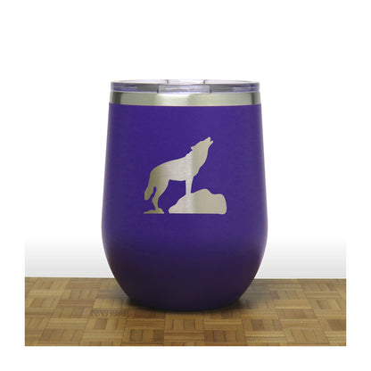 Purple - Wolf on Rock PC 12oz STEMLESS WINE - Copyright Hues in Glass