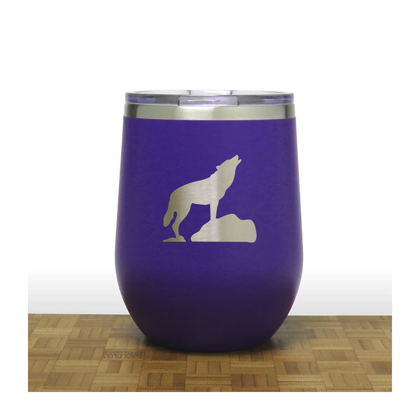Purple - Wolf on Rock PC 12oz STEMLESS WINE - Copyright Hues in Glass