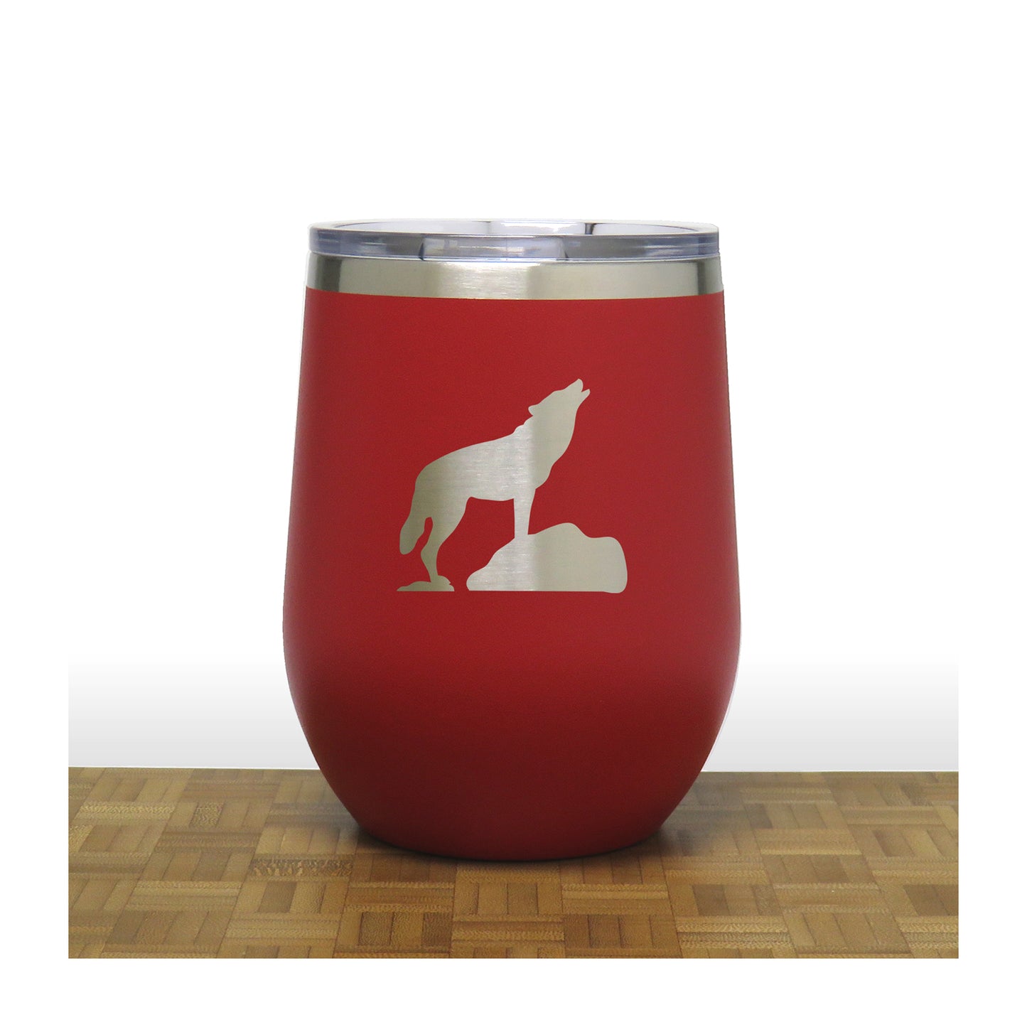 Red - Wolf on Rock PC 12oz STEMLESS WINE - Copyright Hues in Glass