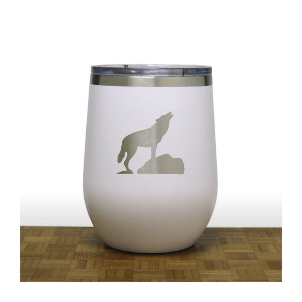 White - Wolf on Rock PC 12oz STEMLESS WINE - Copyright Hues in Glass