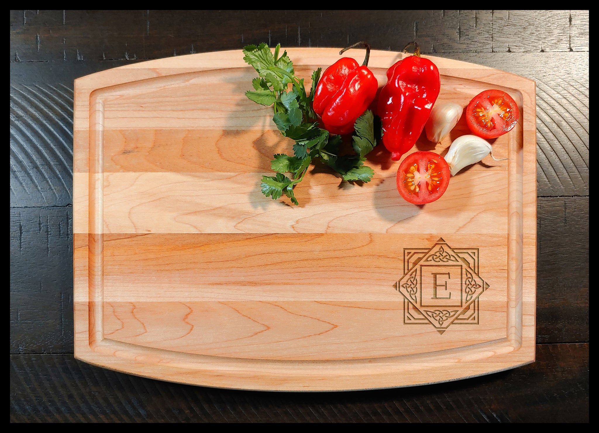 Celtic Monogram 7 Arched Maple Cutting Board - Copyright Hues in Glass