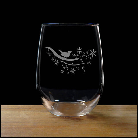  Bird on a Branch Stemless Wine Glass - Copyright Hues in Glass