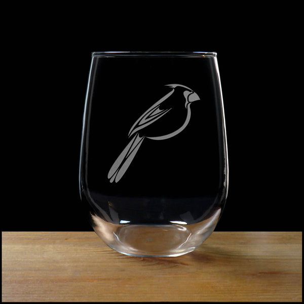 Cardinal  Bird Stemless Wine Glass - copyright Hues in Glass
