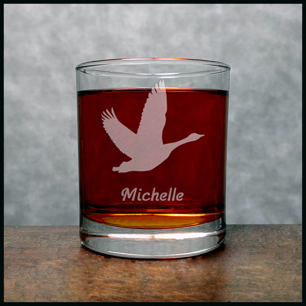 Personalized Flying Goose Whisky Glass - Copyright Hues in Glass