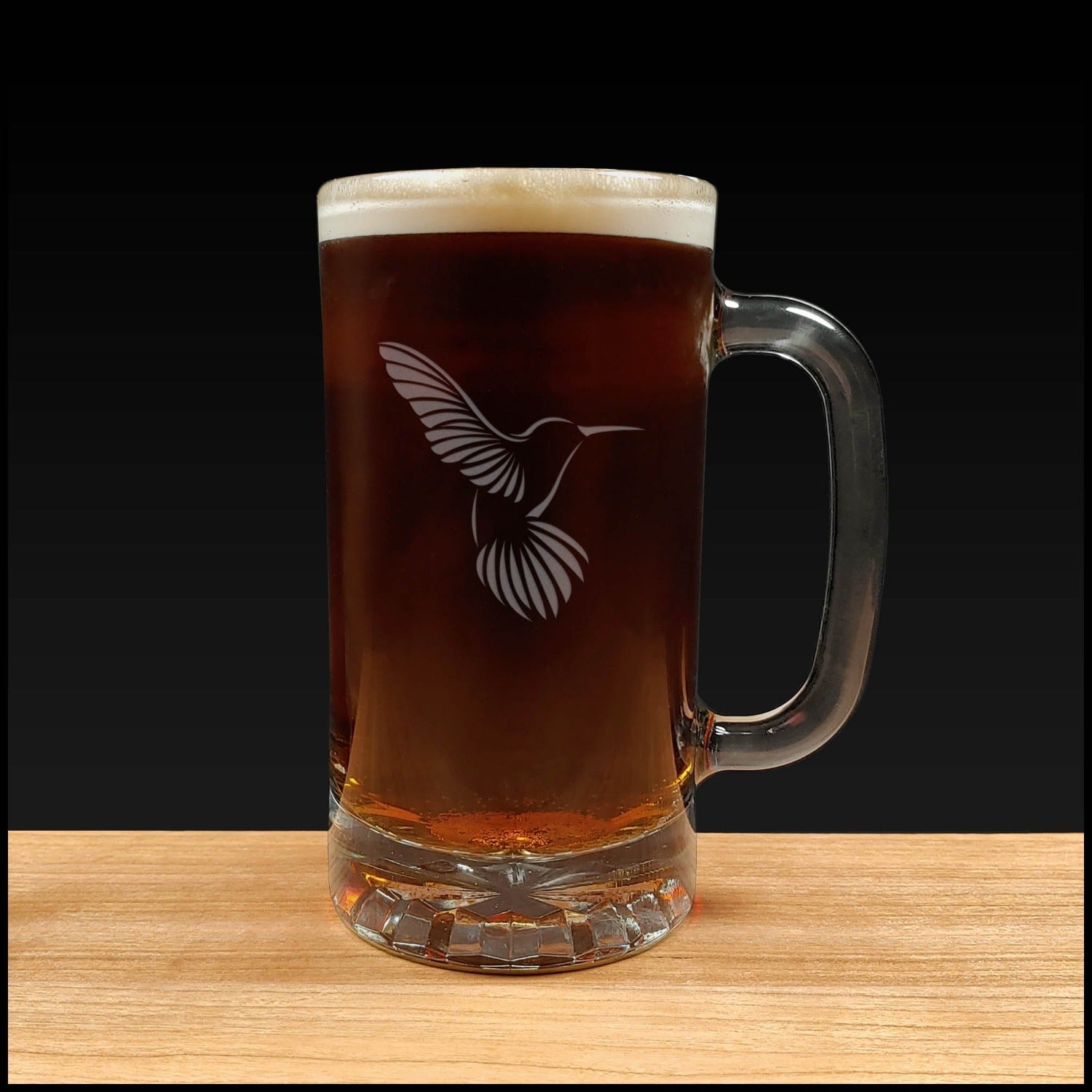 Hummingbird Beer Mug - Dark Beer - Copyright Hues in Glass
