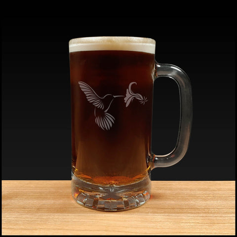 Hummingbird and Flower Beer Mug - Dark Beer - Copyright Hues in Glass