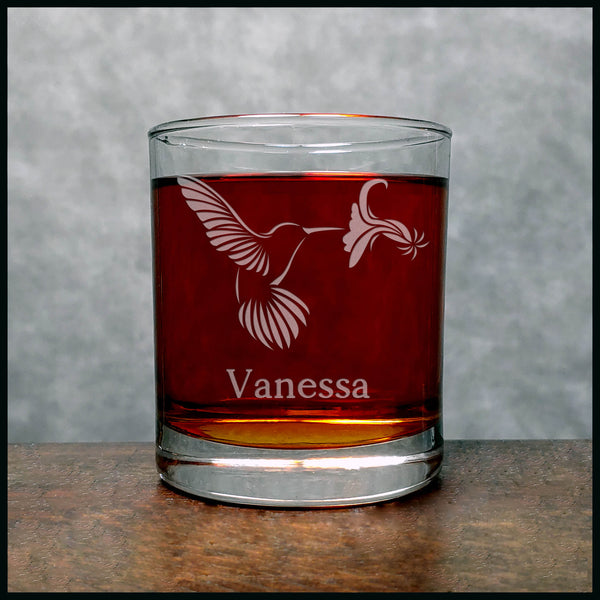 Personalized Hummingbird and Flower Whisky Glass - Copyright Hues in Glass