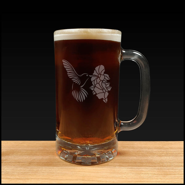 Hummingbird and Hibiscus Beer Mug - Dark Beer - Copyright Hues in Glass