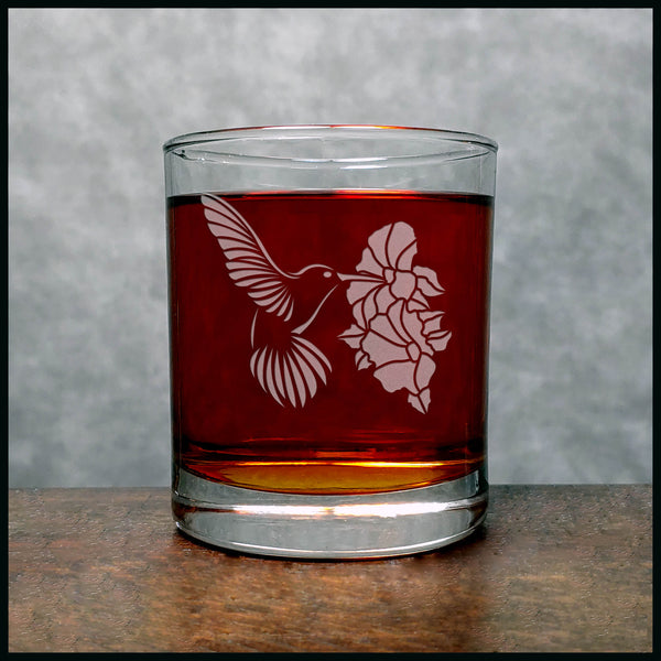 Hummingbird and Hibiscus Whisky Glass - Copyright Hues in Glass
