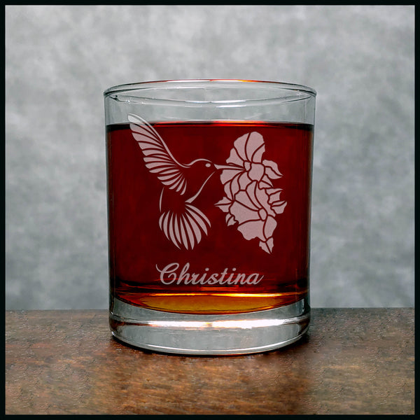 Personalized Hummingbird and Hibiscus Whisky Glass - Copyright Hues in Glass