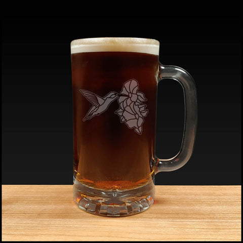 Hummingbird and Hibiscus Beer Mug - Design 4 - Dark Beer - Copyright Hues in Glass