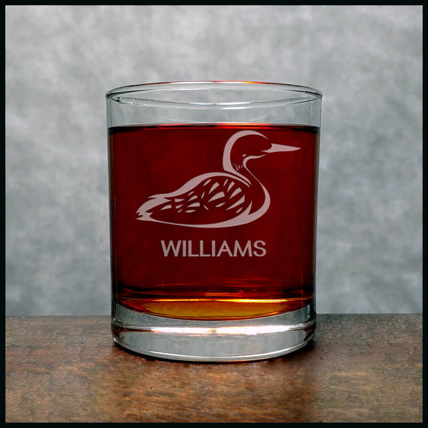 Personalized Loon Whisky Glass - Copyright Hues in Glass
