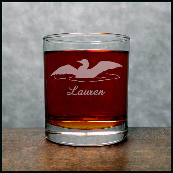 Personalized Loon Sillhouette Whisky Glass - Copyright Hues in Glass