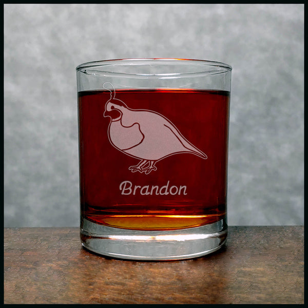 Personalized Quail Whisky Glass - Design 3 - Copyright Hues in Glass