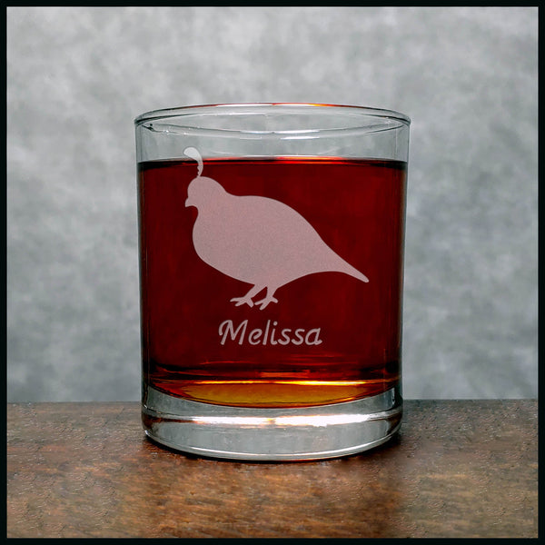Personalized Quail Silhouette Whisky Glass - Copyright Hues in Glass