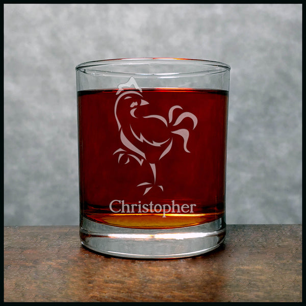 Personalized Rooster Whisky Glass - Copyright Hues in Glass