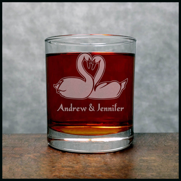 Personalized Swans Silhouette Whisky Glass - Copyright Hues in Glass