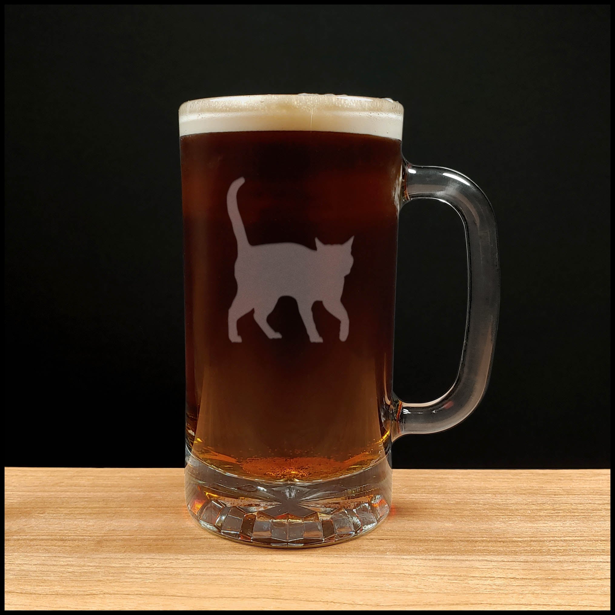 Cat Beer Mug with Dark Beer - Design 2 - Copyright Hues in Glass
