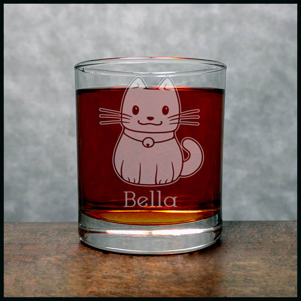 Personalized Cute Cat Whisky Glass - Design 3- Copyright Hues in Glass
