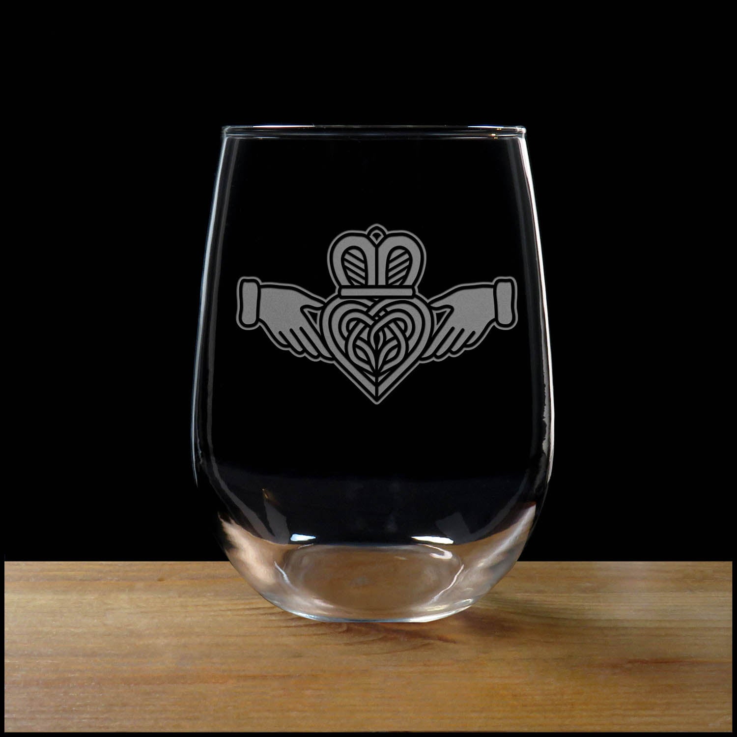 Celtic Claddagh Stemless Wine Glass - Copyright Hues in Glass